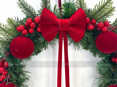 Vòng nguyệt quế Noel Châu nhung nơ đỏ ĐK 50cm VNGQ-X-39